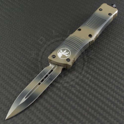 Microtech Knives Tan Camo Troodon D/E Automatic OTF D/A Knife (3.1in Color Coated Plain ELMAX) 138-1TC - Front