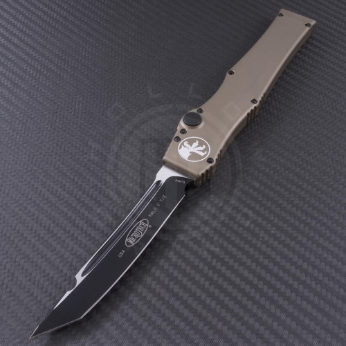 Microtech Knives Tan Halo V T/E Automatic OTF S/A Knife (4.6in Black Plain ELMAX) 150-1TA - Front