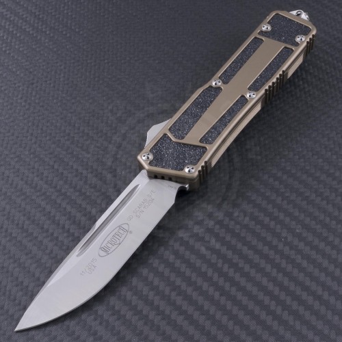 Microtech Knives Tan Scarab S/E Automatic OTF D/A Knife (3.44in Satin Plain ELMAX) 178-4TA - Front