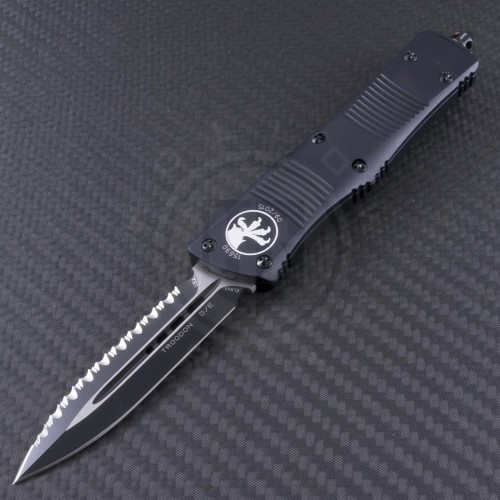 Microtech Knives Troodon D/E Automatic OTF D/A Knife (3.1in Black Serr ELMAX) 138-3T - Front