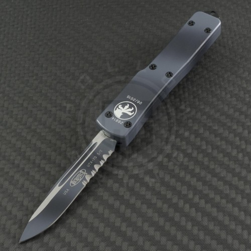 Microtech Knives Urban Camo UTX-70 S/E Automatic OTF D/A Knife (2.41in Color Coated Part Serr ELMAX) 148-2UC - Front