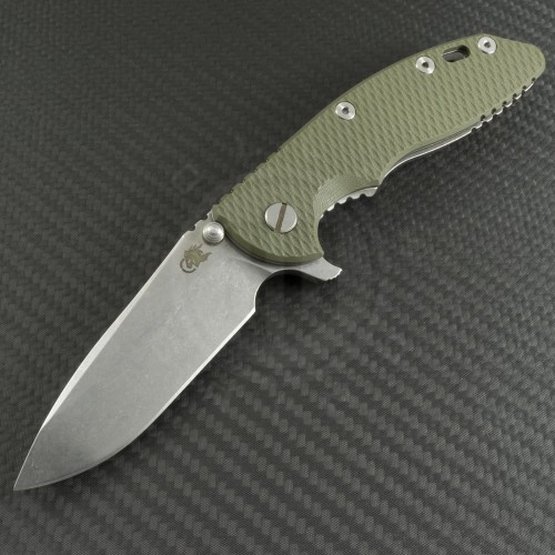 Rick Hinderer OD Green Spear Point Flipper Knife (3.5in Stonewashed Plain S35-VN) RH-XM1835-5 - Front