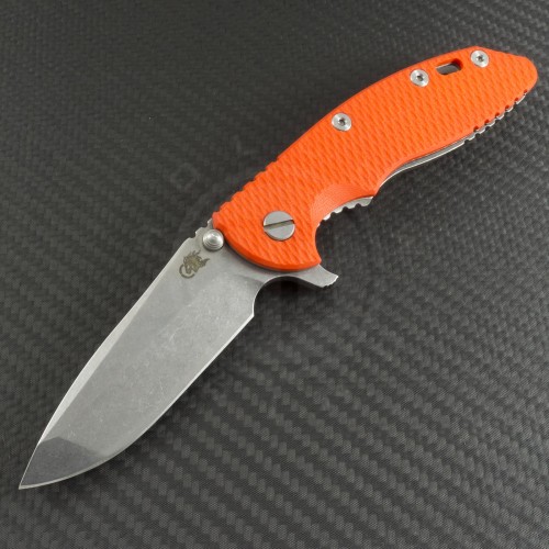 Rick Hinderer Orange Spanto Flipper Knife (3.5in Stonewashed Plain S35-VN) RH-XM1835-8 - Front