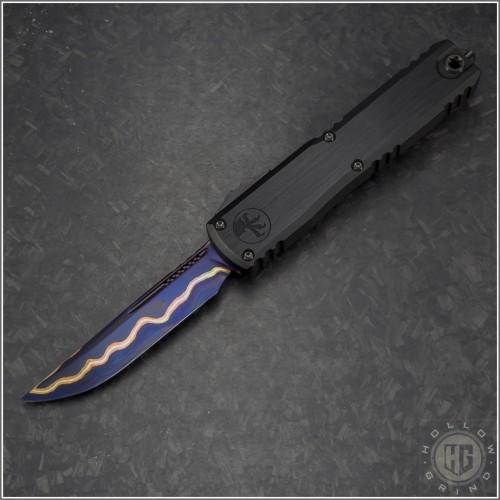 (#1121-16MS3) Microtech Ultratech ZBP D/E Purple Accented Blue Coppermai Damascus - Front