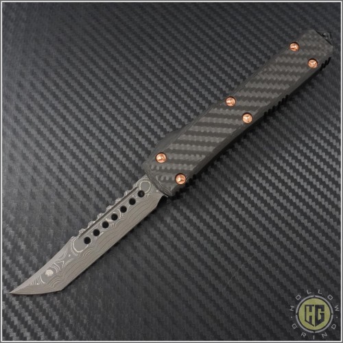 (#119-16CFC) Microtech Ultratech Hellhound Damascus Plain w/ Carbon Fiber Top and Copper Hardware - Front