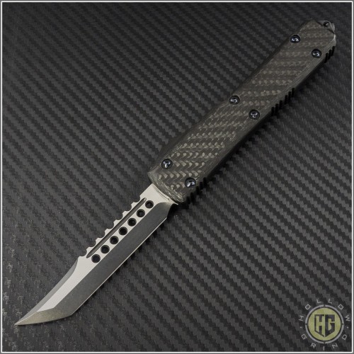(#119-1CF) Microtech Ultratech Hellhound Carbon Fiber DLC Plain w/ Ringed Ti Hardware - Front