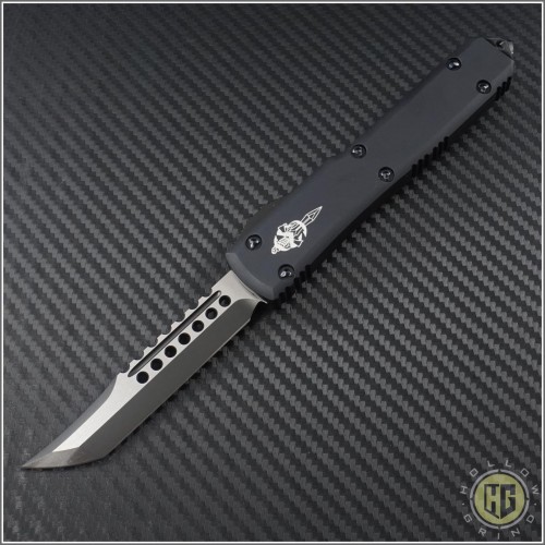 (#119-1DLC) Microtech Ultratech Hellhound DLC Plain w/ Blue Ringed Ti Hardware - Front