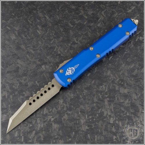 (#119W-13BLS) Microtech Blue Ultratech Warlhound Bronze Plain Signature - Front