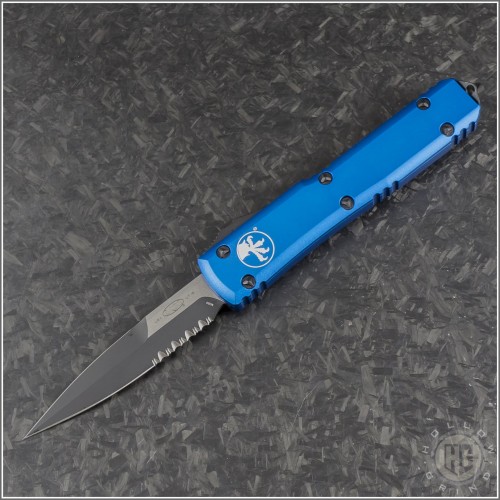 (#120-2BL) Microtech Blue Ultratech Bayonet Black Part Serrated - Front