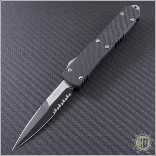 (#120-2CF) Microtech Carbon Fiber Ultratech Bayonet Black Partially Serrated - Front