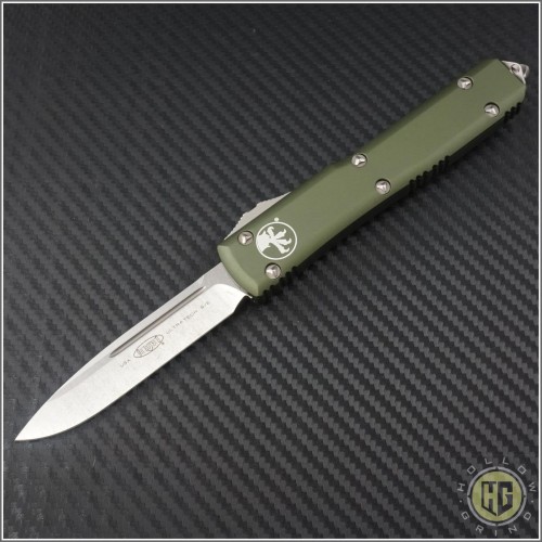 (#121-10ODCC) Microtech Ultratech S/E Stonewash Plain w/ OD Green Contoured Handle - Front