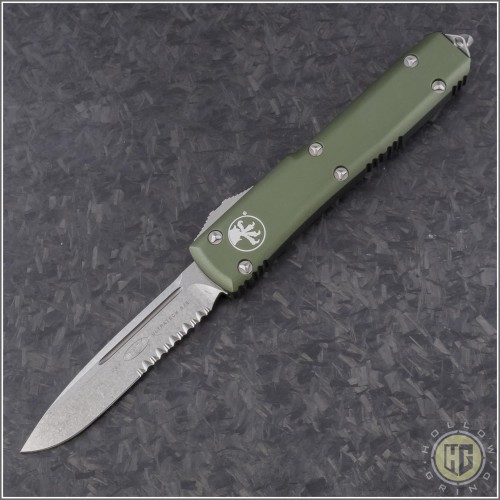 (#121-11OD) Microtech OD Green Ultratech S/E Stonewash Serrated - Contoured Chassis - Front