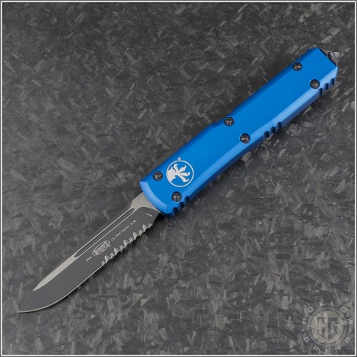 (#121-2BL) Microtech Blue Ultratech S/E Black Part Serrated - Front
