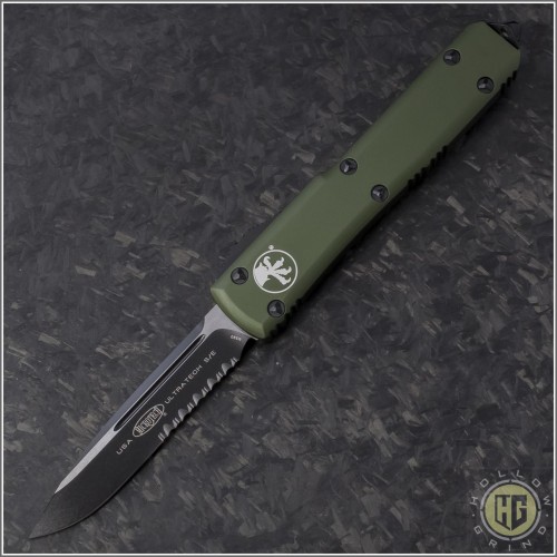 (#121-2OD) Microtech OD Green Ultratech S/E Black Partially Serrated Tactical w/ Contoured Handle - Front