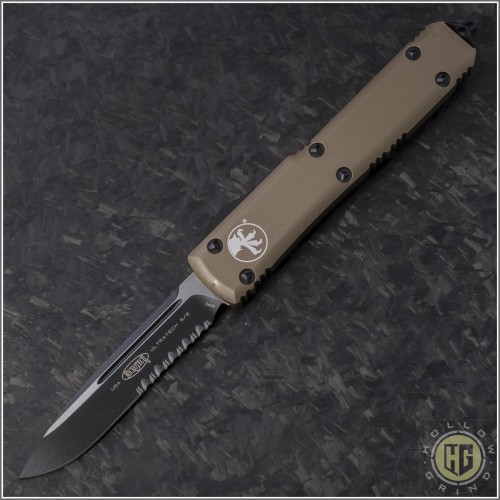 (#121-2TA) Microtech Tan Ultratech S/E Black Partially Serrated Tactical w/ Contoured Handle - Front