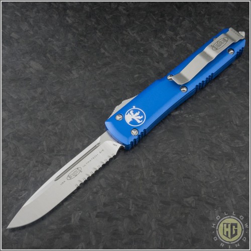 (#121-5BL) Microtech Blue Ultratech S/E Satin Partially Serrated w/ Contoured Handle - Front
