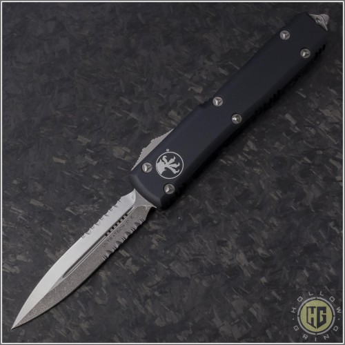 (#122-11CC) Microtech Ultratech D/E Stonewash Partially Serrated w/ Contoured Handle - Front