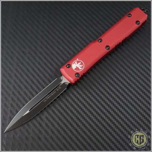 (#122-1RDCC) Microtech Ultratech D/E Black Plain Tactical w/ Red Contoured Handle - Front