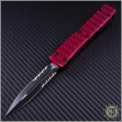 (#122-2RD) Microtech Ultratech D/E Black Partially Serrated Tri-Grip Tactical w/ Red Handle - Front