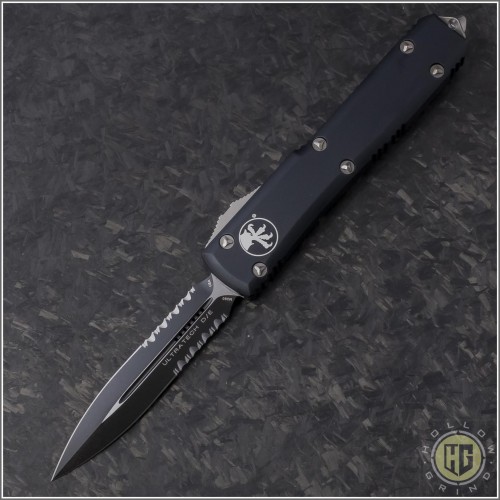 (#122-2) Microtech Ultratech D/E Black Partially Serrated - Contoured - Front