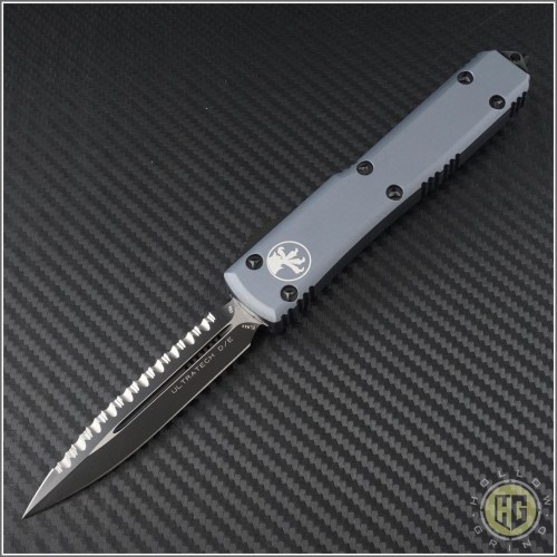 (#122-3GYCC) Microtech Gray Ultratech Black D/E Fully Serrated Contoured Chasis - Front