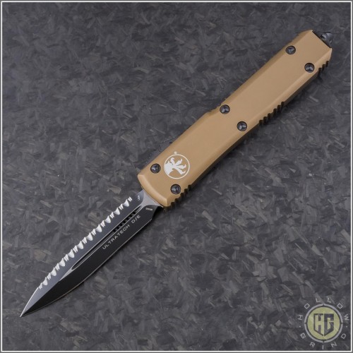 (#122-3TA) Microtech Ultratech D/E Black Fully Serrated w/ Tan Handle - Front