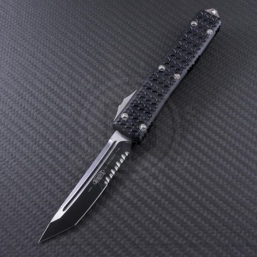 (#123-2-TRI) Microtech Ultratech T/E Black Partially Serrated TriGrip - Front