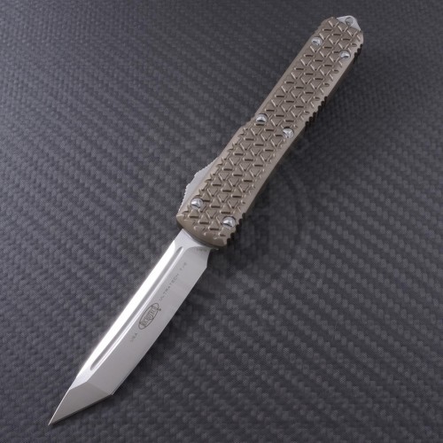 (#123-4TA-TRI) Microtech Tan Ultratech T/E Satin Plain Tri-Grip - Front