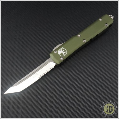 (#123-5CCOD) Microtech Ultratech T/E Satin Partially Serrated w/ OD Green Contoured Handle - Front