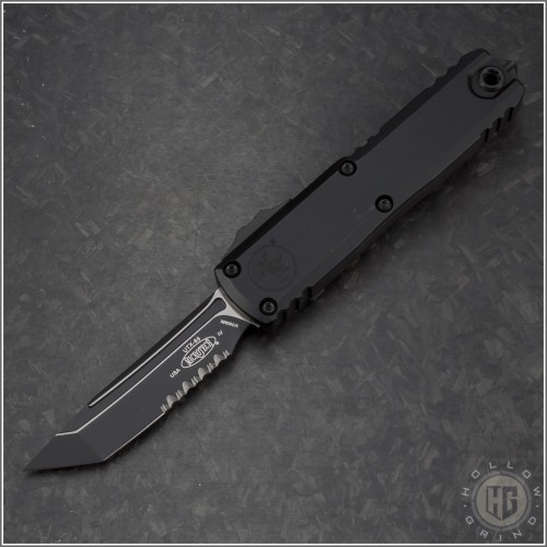 (#12334-2T) Microtech UTX-85 Gen IV T/E Black Part Serrated - Front