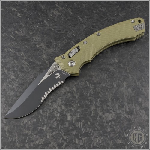 (#137RL-2FLGTOD) Microtech Knives OD Green Amphibian Ram-Lok Fluted G10 Handle Black Part Serrated - Front