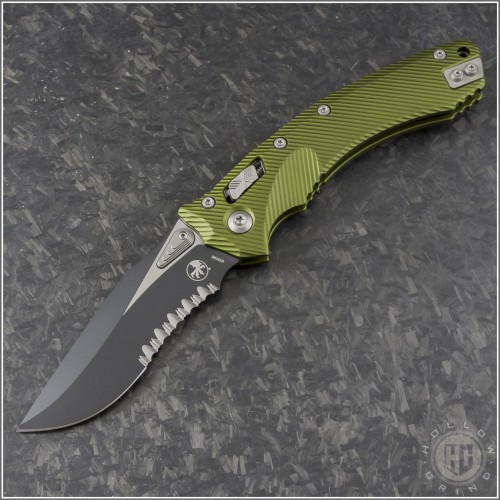 (#137RL-2FLOD) Microtech Knives OD Green Amphibian Ram-Lok Fluted Aluminum Handle Black Part Serrated - Front