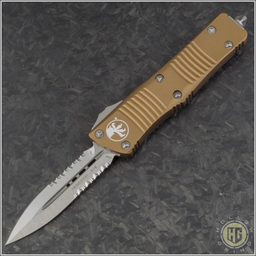 (#138-11TA) Microtech Tan Troodon D/E Stonewash Partially Serrated - Front