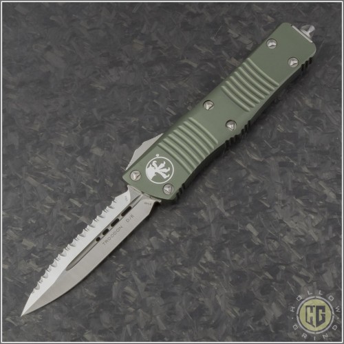 (#138-6OD) Microtech OD Green Troodon D/E Satin Partially Serrated - Front