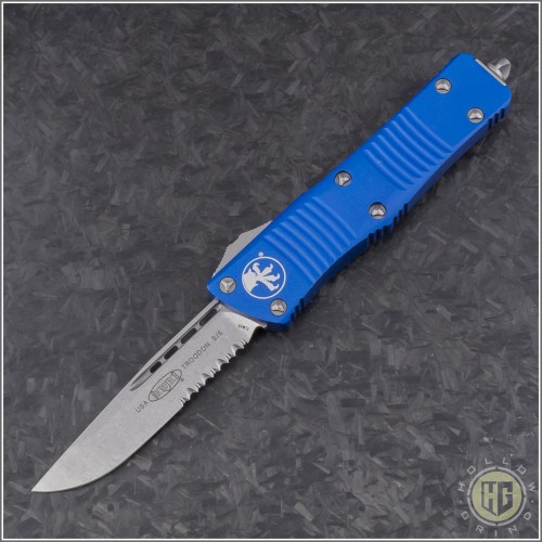 (#139-11BL) Microtech Blue Troodon S/E Stonewash Part Serrated - Front