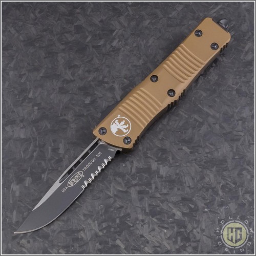 (#139-2TA) Microtech Troodon S/E Partially Serrated with Tan Handle - Front