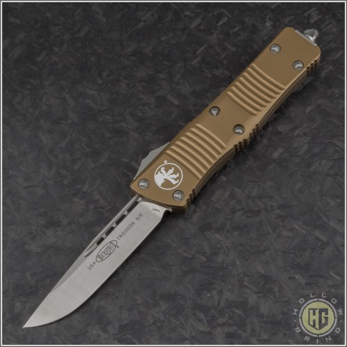 (#139-4TA) Microtech Troodon S/E Satin Plain with Tan Handle - Front