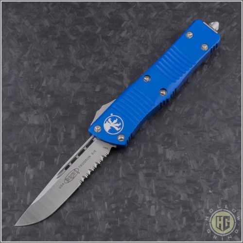 (#139-5BL) Microtech Blue Troodon S/E Satin Part Serrated - Front