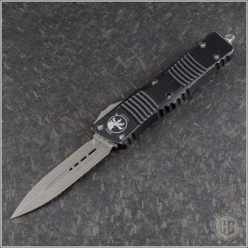 (#142-10DBK) Microtech Distressed Black Combat Troodon D/E Stonewash Plain - Front