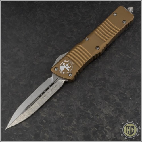 (#142-10TA) Microtech Combat Troodon D/E Stonewash Plain w/ Tan Handle - Front