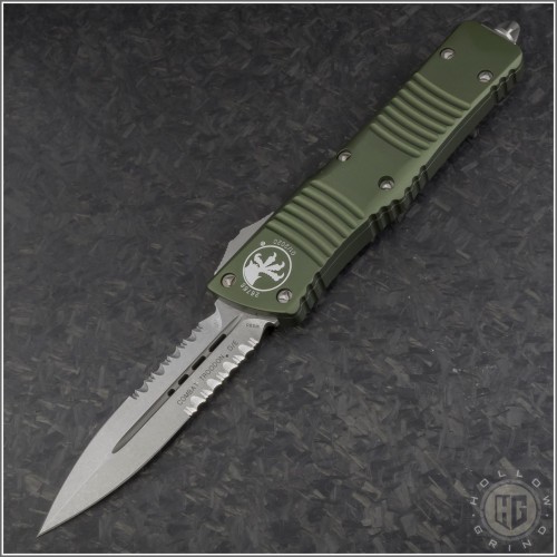 (#142-11OD) Microtech OD Green Combat Troodon D/E Stonewash Part Serrated - Front