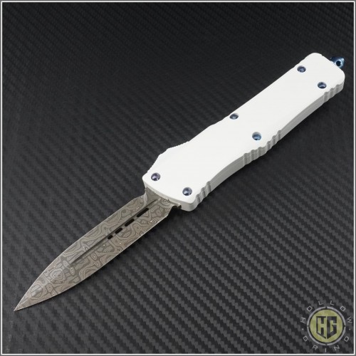 (#142-16WH) Marfione Combat Troodon D/E Damascus w/ White Handle - Front