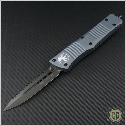 (#142-3DLCGY) Microtech Gray Combat Troodon D/E DLC Fully Serrated - Front