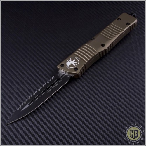 (#142-3TA) Microtech Tan Combat Troodon D/E Black Fully Serrated Tactical - Front