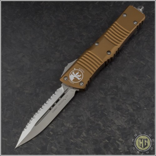(#142-6TA) Microtech Tan Combat Troodon D/E Satin Fully Serrated - Front
