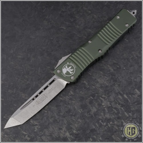 (#144-10OD) Microtech Combat Troodon Tanto Stonewash Plain, OD Green Handle - Front