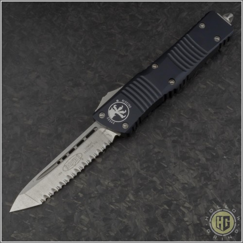 (#144-12) Microtech Combat Troodon Tanto Stonewash Fully Serrated - Front