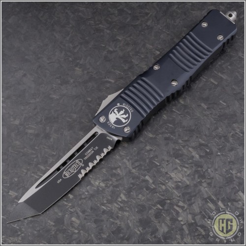 (#144-2) Microtech Combat Troodon Tanto Black Partially Serrated - Front
