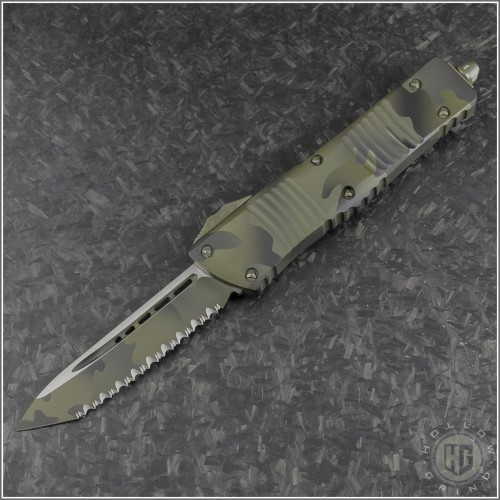 (#144-3OCS) Microtech Olive Camo Combat Troodon Tanto Full Serrated - Front