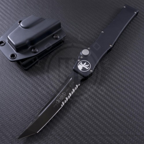 (#150-2) Microtech Halo V Tanto Black Partially Serrated - Front